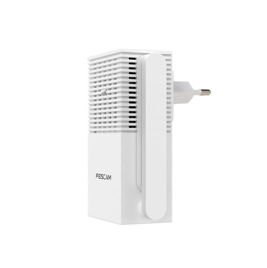 Witte Foscam VC1 slimme WiFi-gong met stopcontactstekker, luidsprekerrooster en LED-indicatoren voor deurbelmeldingen.