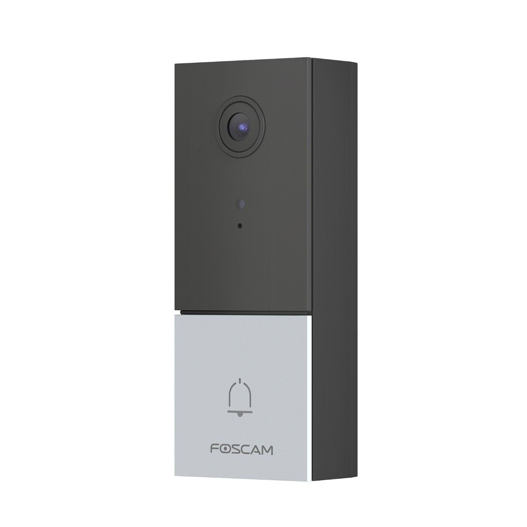 Foscam VD1 slimme 2K WiFi videodeurbel in strak zwart en zilver design met camera en belknop.