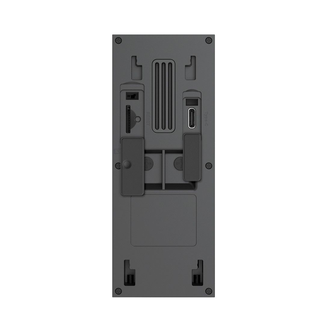 Achterkant van de zwarte Foscam VD1 videodeurbel met USB-C poort, SD-kaartsleuf en montagepunten.