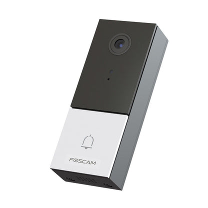 Foscam VD1 slimme 2K video deurbel met zwarte behuizing, camera en zilverkleurige drukknop op een witte achtergrond.