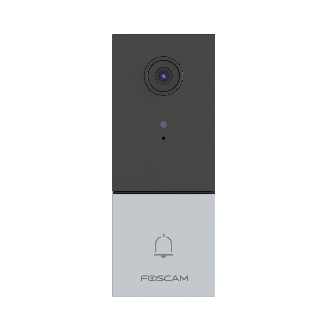 Foscam VD1 slimme 2K video deurbel met camera, uitgevoerd in een strak, tweekleurig grijs en zwart design.