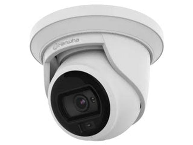 Witte Hanwha ANE-L7012L 4MP outdoor dome beveiligingscamera met vaste lens en robuuste behuizing.