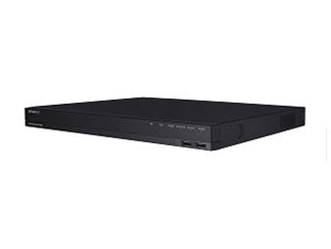 Zwarte Hanwha ARN-1610S 16-kanaals NVR netwerk videorecorder in een slank 1U rackformaat ontwerp.
