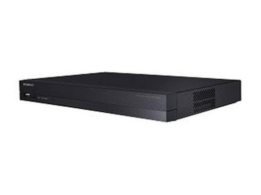 Zwarte Hanwha ARN-410S 4-kanaals netwerk videorecorder met compact 1U design voor professionele camerabewaking.
