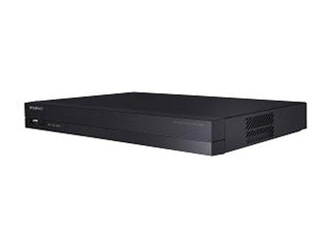 Zwarte Hanwha ARN-810S 8-kanaals NVR netwerk videorecorder in een compacte, platte behuizing voor professionele CCTV.