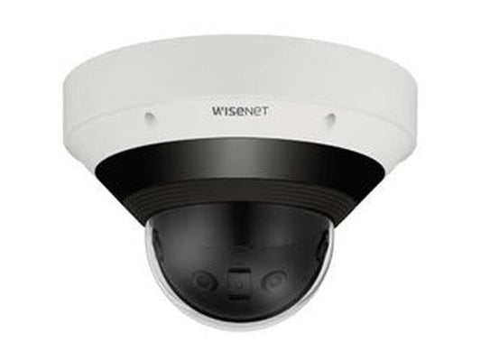 Wisenet 15MP 360° panoramische domecamera in wit met zwarte koepel voor buitenbeveiliging.