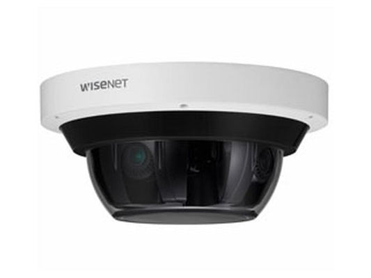 Wisenet 20MP 360° panoramische buitencamera met witte behuizing en zwarte dome-lens voor professionele beveiliging.