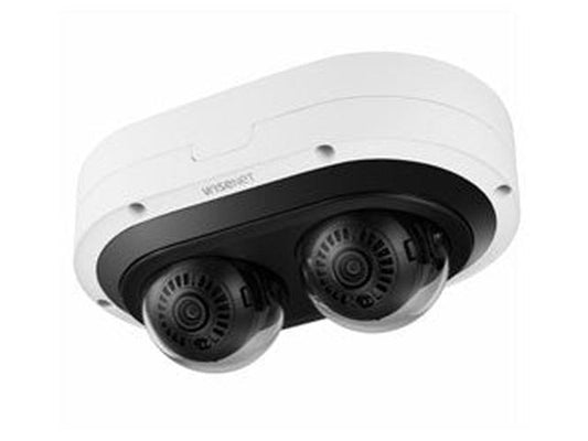 Wisenet 12MP panoramische buitencamera met dubbele zwarte dome-lenzen in een witte behuizing.