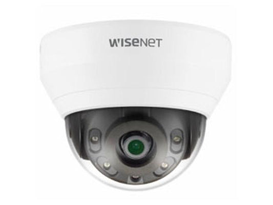 Witte Hanwha Wisenet QND-6012R1 2MP indoor dome beveiligingscamera met 2.8mm lens en IR-nachtzicht.