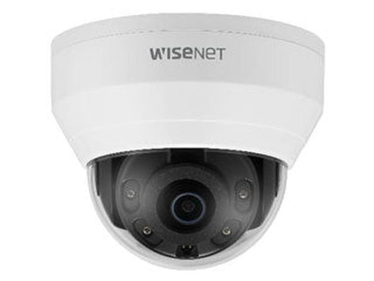 Witte Hanwha Wisenet QND-8010R 5MP indoor dome beveiligingscamera met 2.8mm lens en IR-verlichting.