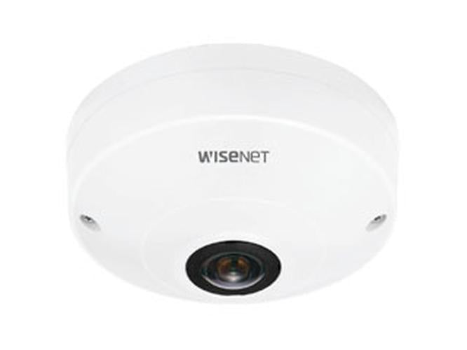 Witte Hanwha QNF-8010 6MP indoor fisheye beveiligingscamera met compact rond design en 360 graden lens.