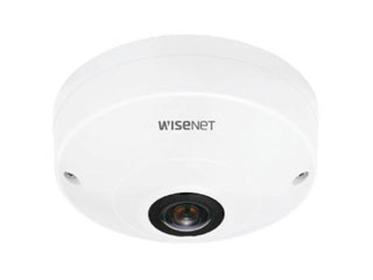 Witte Hanwha QNF-8010 6MP indoor fisheye beveiligingscamera met compact rond design en 360 graden lens.