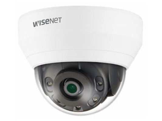 Wisenet Hanwha QNV-6012R1 witte outdoor dome beveiligingscamera met 2MP lens en infrarood nachtzicht.