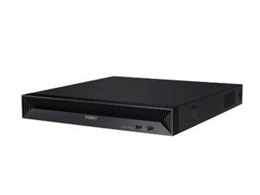 Zwarte Hanwha QRN-1630S 16-kanaals NVR netwerk videorecorder in een compact 1U rackontwerp.