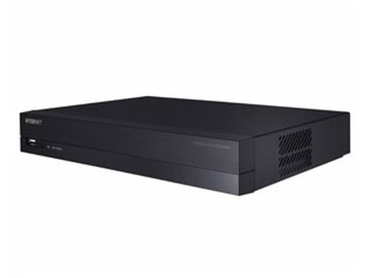 Zwarte Hanwha QRN-430S 4-kanaals NVR netwerk videorecorder met compact design voor professionele camerabewaking.