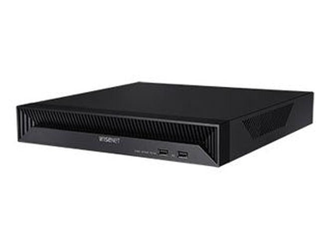 Zwarte Hanwha QRN-830S 8-kanaals NVR netwerkrecorder met compact design en USB-poorten aan de voorzijde.