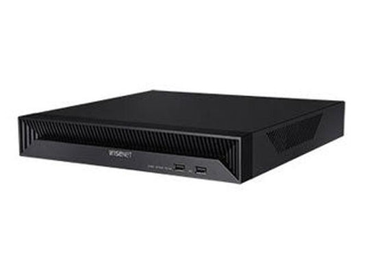 Zwarte Hanwha QRN-830S 8-kanaals NVR netwerkrecorder met compact design en USB-poorten aan de voorzijde.