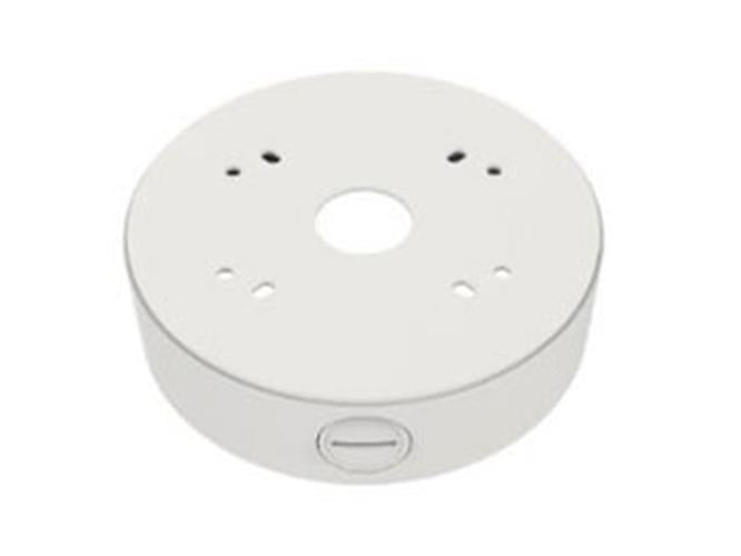 Witte Hanwha SBF-100B1 aluminium plafondbeugel voor beveiligingscamera's met een compact flush mount ontwerp.