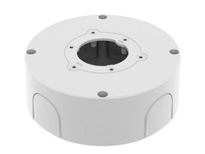 Witte ronde Hanwha SBO-140BW opbouwdoos voor kabelgeleiding van beveiligingscamera's met montagegaten.