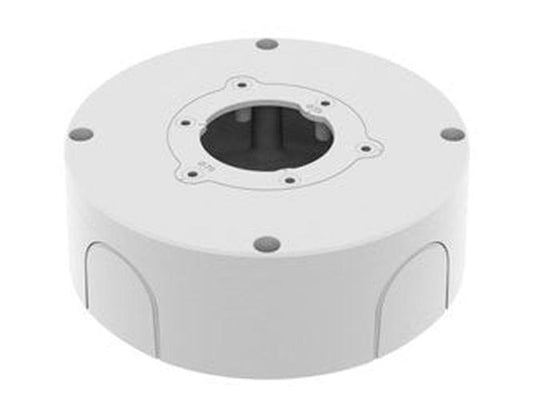 Witte ronde Hanwha SBO-140BW opbouwdoos voor kabelgeleiding van beveiligingscamera's met montagegaten.