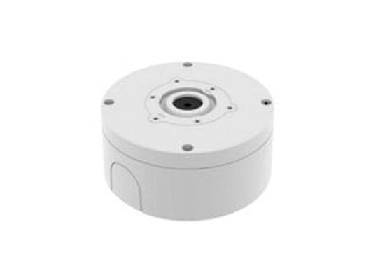 Witte, ronde Hanwha SBO-140WW weerbestendige buitenbehuizing voor beveiligingscamera's met montageplaat.