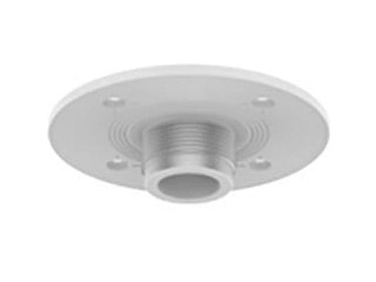 Witte, ronde Hanwha SBP-140CMB aluminium montagebeugel voor beveiligingscamera's met schroefdraad en montagegaten.