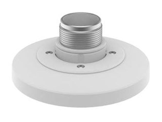 Witte Hanwha SBP-140HMW aluminium muurbeugel voor beveiligingscamera's met ronde montageplaat en schroefdraad.