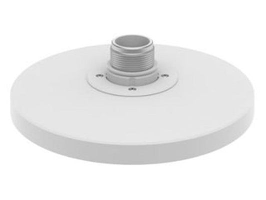 Witte Hanwha SBP-250HMW hangmontagebeugel voor beveiligingscamera's met een compact, weerbestendig rond ontwerp.