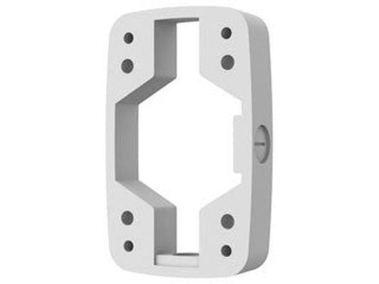 Witte Hanwha SBP-300BW1 aluminium muurbeugel voor beveiligingscamera's met rechthoekig ontwerp en montagegaten.