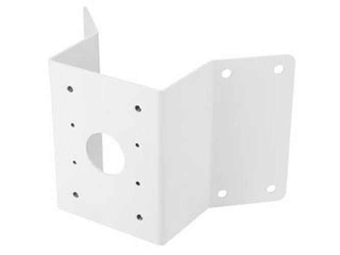 Witte Hanwha SBP-300KMW1 weerbestendige wandmontagebeugel voor beveiligingscamera's met robuust hoekontwerp.