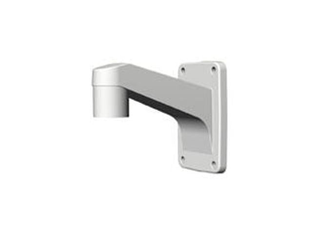 Witte Hanwha SBP-300WM1 wandmontagebeugel voor beveiligingscamera's met een robuust, hoekig ontwerp.