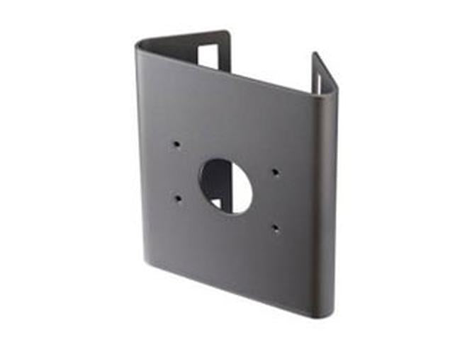 Grijze aluminium Hanwha SBP-302PM paalbeugel voor beveiligingscamera's met montagegaten.