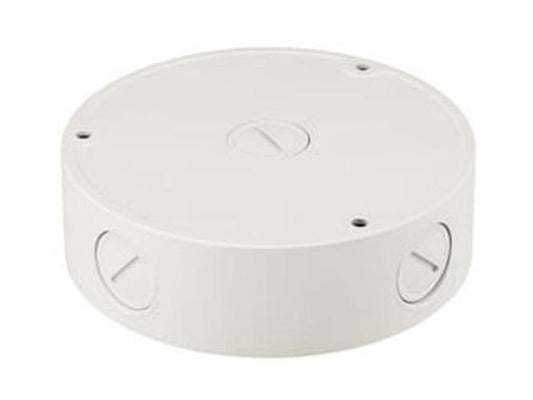 Witte, ronde Hanwha SBV-136B aluminium wandbeugel voor beveiligingscamera's met kabeldoorvoeropeningen.