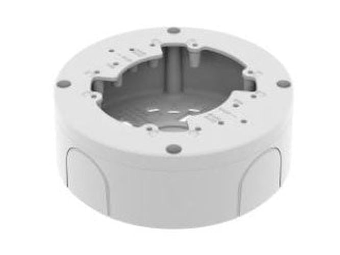 Witte, ronde Hanwha SBV-140BW aluminium wandbeugel voor beveiligingscamera's met een compact ontwerp.
