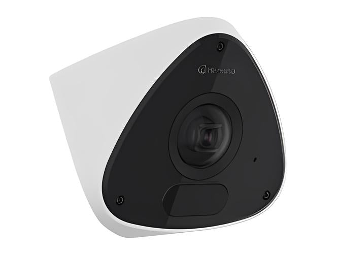 Witte Hanwha TNV-C7013RC outdoor fisheye beveiligingscamera met zwarte lensmodule en panoramisch design.