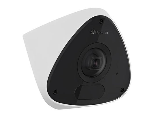Witte Hanwha TNV-C7013RC outdoor fisheye beveiligingscamera met zwarte lensmodule en panoramisch design.