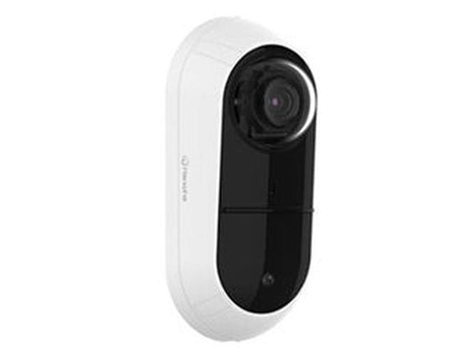 Witte Hanwha TNV-C8011RW outdoor fisheye beveiligingscamera met zwarte lensmodule en 175 graden panoramisch zicht.