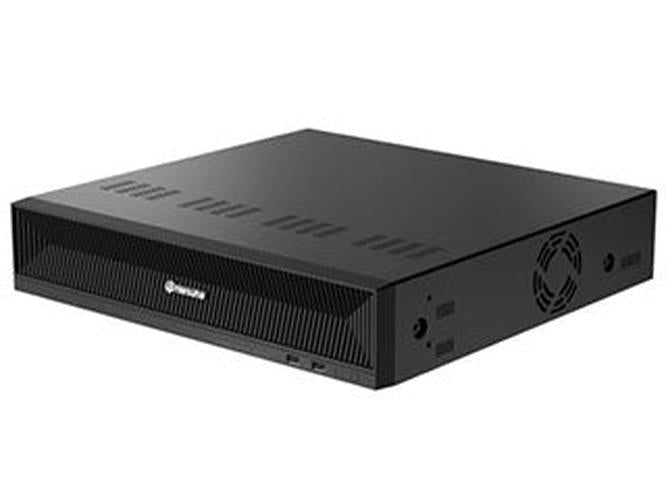 Zwarte Hanwha WRN-2110SB1 20-kanaals NVR netwerk videorecorder in een robuuste 2U rackbehuizing met ventilatieopeningen.