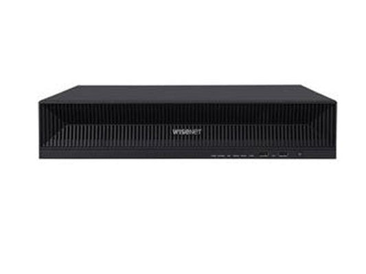 Zwarte Hanwha XRN-1620B2 16-kanaals NVR netwerk videorecorder in robuust 2U rackformaat met Wisenet logo.
