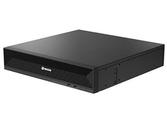 Zwarte Hanwha XRN-3220B2 32-kanaals NVR netwerk videorecorder in robuuste 2U rackbehuizing.