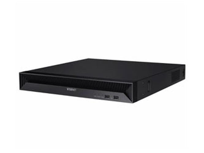 Zwarte Hanwha XRN-815S 8-kanaals NVR netwerkrecorder in een strak 1U rackformaat design.