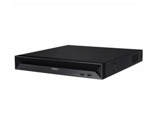 Zwarte Hanwha XRN-815S 8-kanaals NVR netwerkrecorder in een strak 1U rackformaat design.