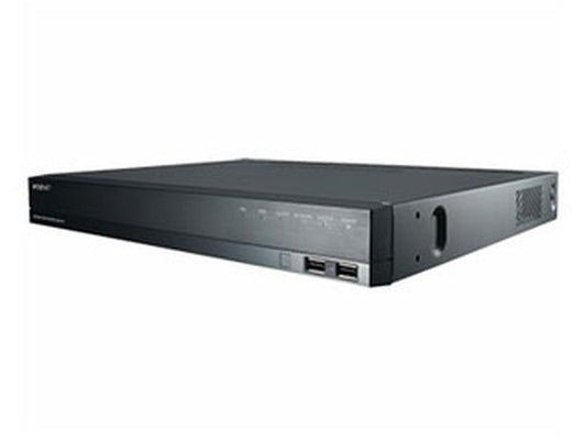 Zwarte Hanwha XRN-820S 8-kanaals NVR netwerk videorecorder in een professionele 1U rackbehuizing.