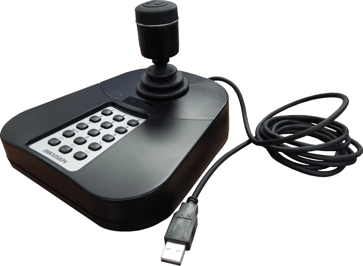 Zwarte Hikvision DS-1005KI USB-joystick met 3-assige bediening, programmeerbare knoppen en aangesloten USB-kabel.