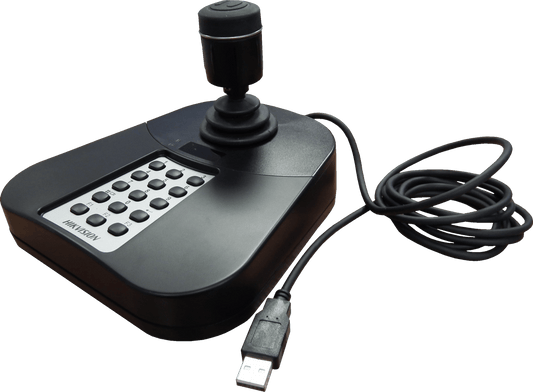 Zwarte Hikvision DS-1005KI USB-joystick met 3-assige bediening, programmeerbare knoppen en aangesloten USB-kabel.