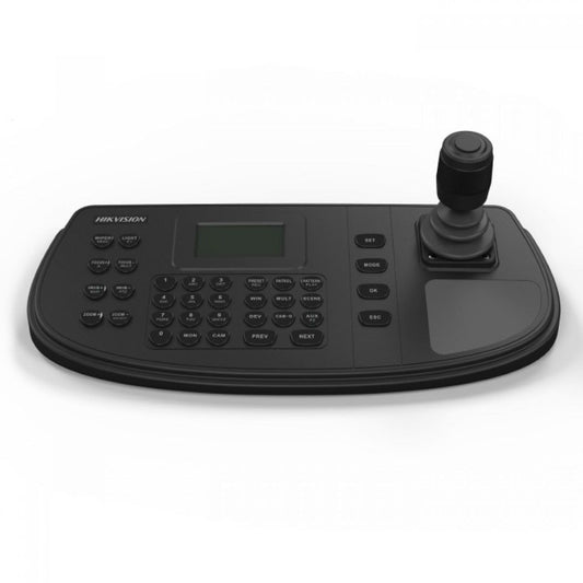 Zwart Hikvision DS-1200KI netwerktoetsenbord met LCD-scherm, numeriek toetsenpaneel en 4-axis joystick voor PTZ-camera's.