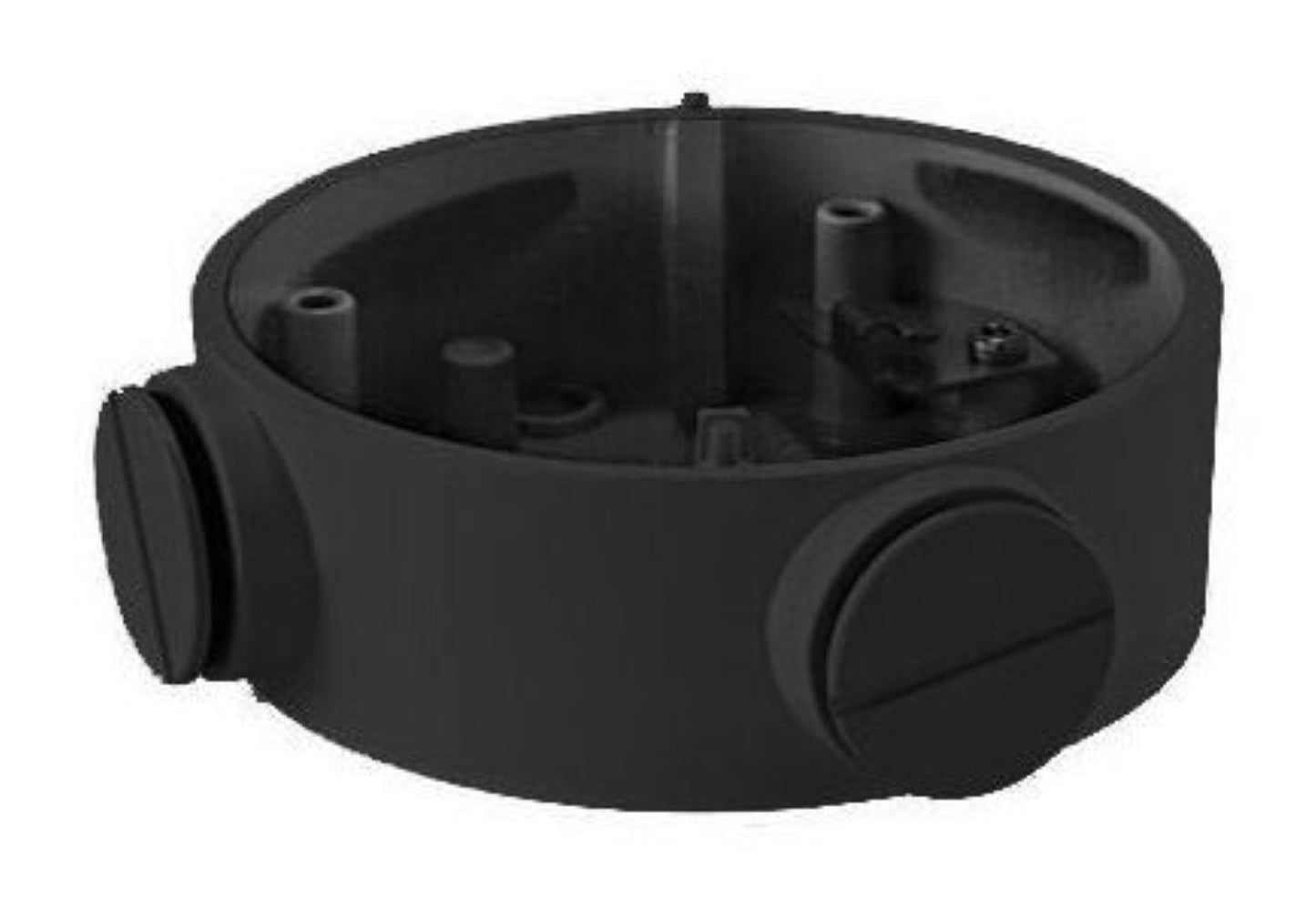 Zwarte aluminium aansluitdoos voor Hikvision bullet camera's, Ø89mm, voor nette kabelbescherming bij montage.