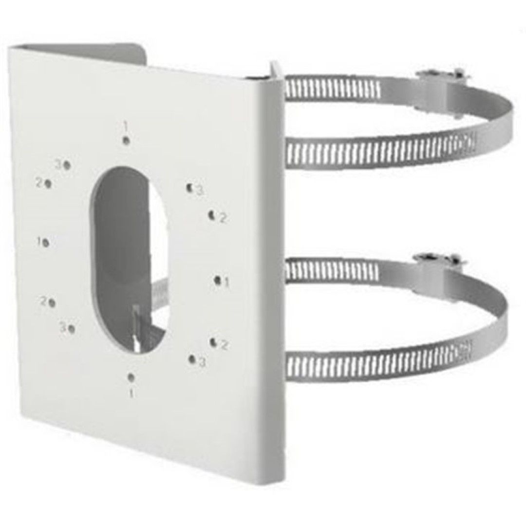 Witte Hikvision DS-1275ZJ-S-SUS roestvrij stalen paalmontage voor beveiligingscamera's met twee bevestigingsbanden.