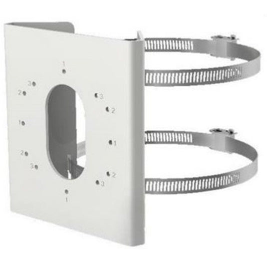 Witte Hikvision DS-1275ZJ-S-SUS roestvrij stalen paalmontage voor beveiligingscamera's met twee bevestigingsbanden.