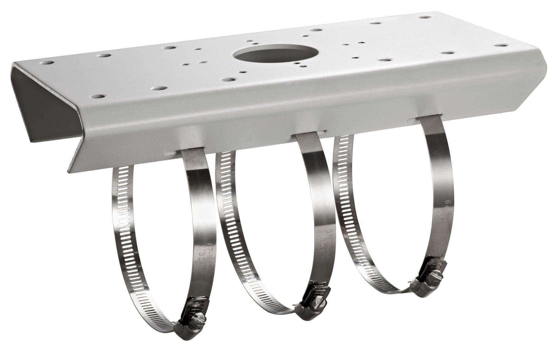 Witte Hikvision DS-1275ZJ-SUS roestvrij stalen paalbeugel met drie metalen bevestigingsbanden voor cameramontage.